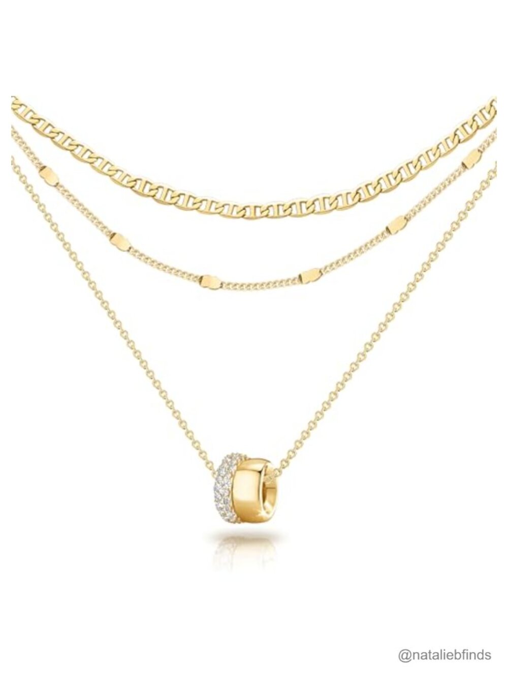 14K Gold Plated Mariner Chain Layered CZ Rondelle Pendant Necklace Set
